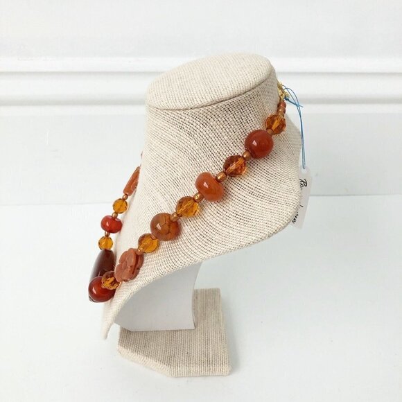 NWT Genuine Carved Sunstone, Agate, Pearl & Czech Crystal Necklace Flower Orange - Picture 6 of 6